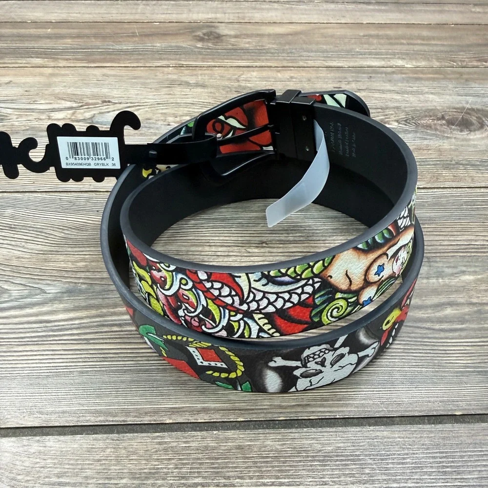 Ed Hardy Men Size 36 Reversible Belt Grey Black Tattoo Graphic BX95409EHQB New
